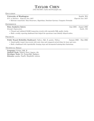 Jake’s resume template with a fictional data analyst example
