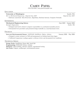 Jake’s resume template with a fictional non-cs engineering example